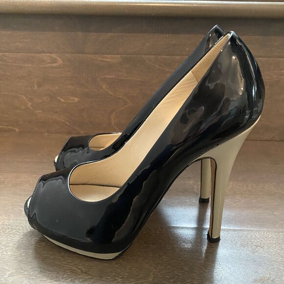Giuseppe Zanotti Heels Women 36 US 6 Black Tan Patent Leather Peep Toe READ - Picture 4 of 16